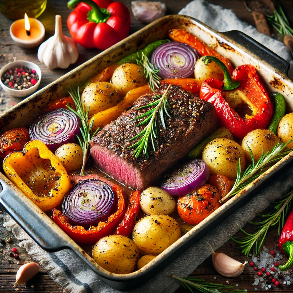 DALL·E 2025-01-25 20.43.34 - A delicious beef and vegetable traybake with roasted bell peppers, baby potatoes, and red onions, seasoned with rosemary and garlic, served in a rusti