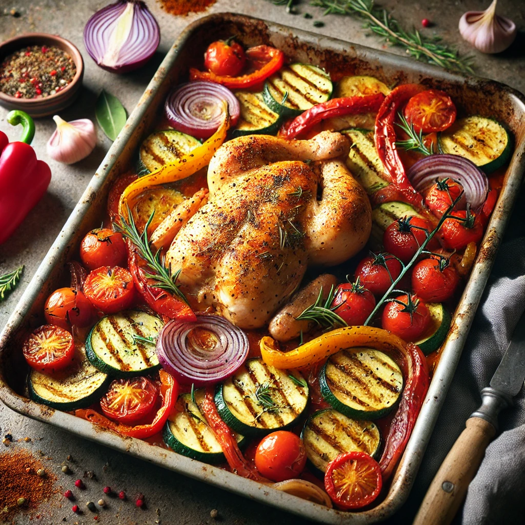 DALL·E 2025-01-25 20.45.55 - A flavorful chicken and vegetable traybake with roasted bell peppers, zucchini, cherry tomatoes, and red onions, seasoned with Mediterranean spices an