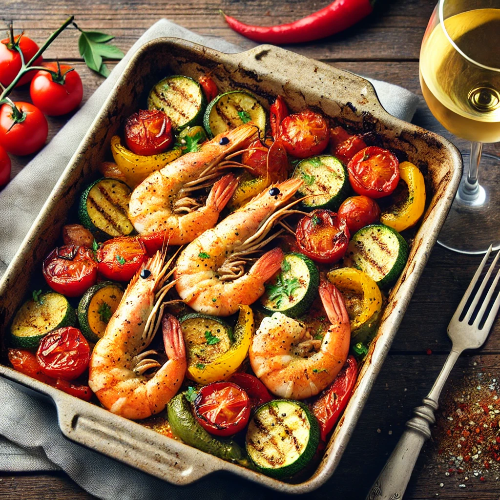 DALL·E 2025-01-25 20.47.01 - A delicious shrimp and vegetable traybake with roasted bell peppers, cherry tomatoes, and zucchini, seasoned with Mediterranean spices and olive oil, 