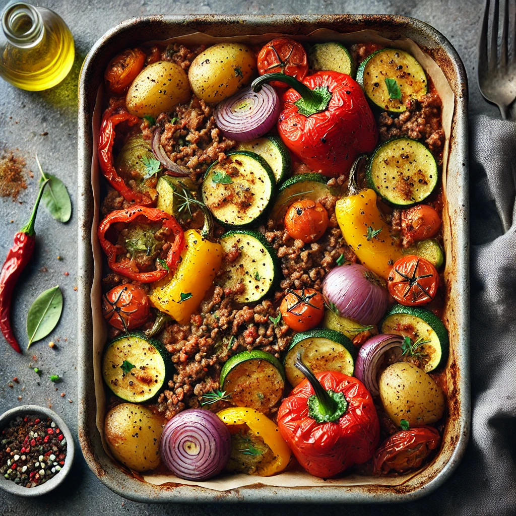 DALL·E 2025-01-25 20.49.49 - A delicious minced meat and vegetable traybake with roasted bell peppers, zucchini, potatoes, and red onions, seasoned with Mediterranean spices and o