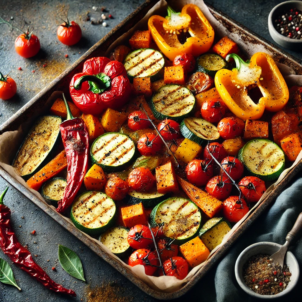 DALL·E 2025-01-26 07.41.07 - A delicious vegetarian traybake with roasted bell peppers, zucchini, cherry tomatoes, and sweet potatoes, seasoned with Mediterranean spices and olive