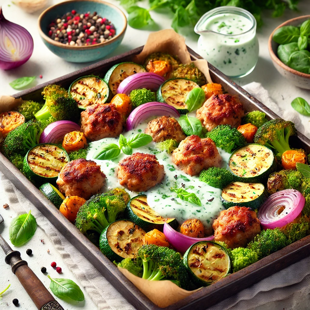 Traybake met kipballetjes, broccoli, courgette en muntsaus