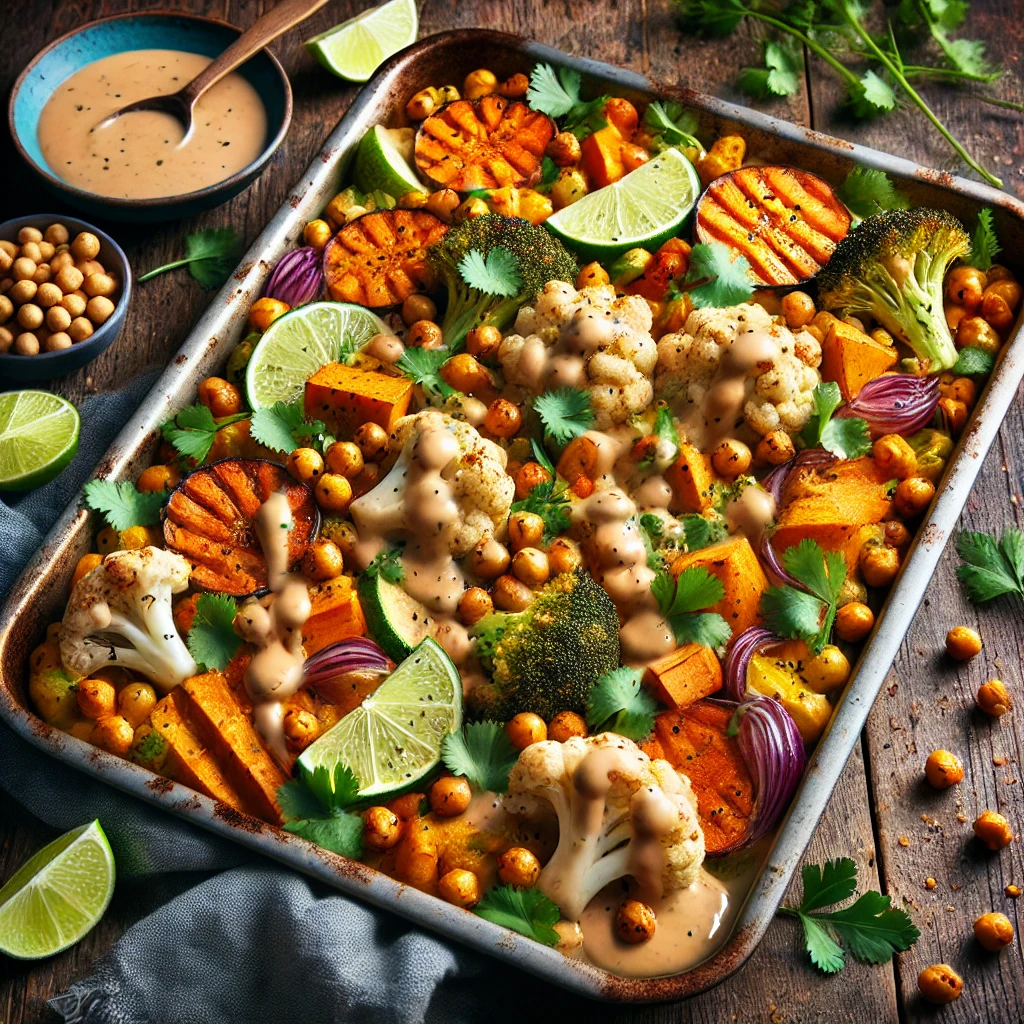 Traybake met zoete aardappel en pinda-limoendressing