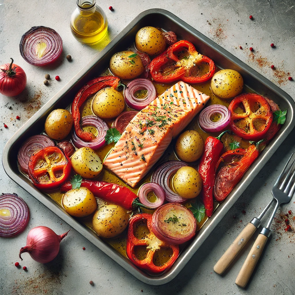Zeebaars en Rode Paprika Traybake