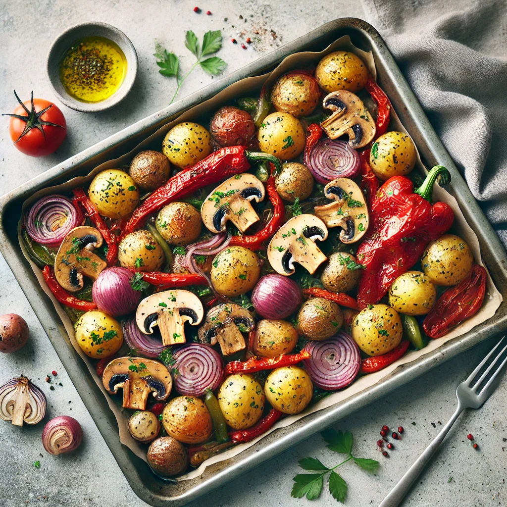 Paddenstoelen en Rode Paprika Traybake