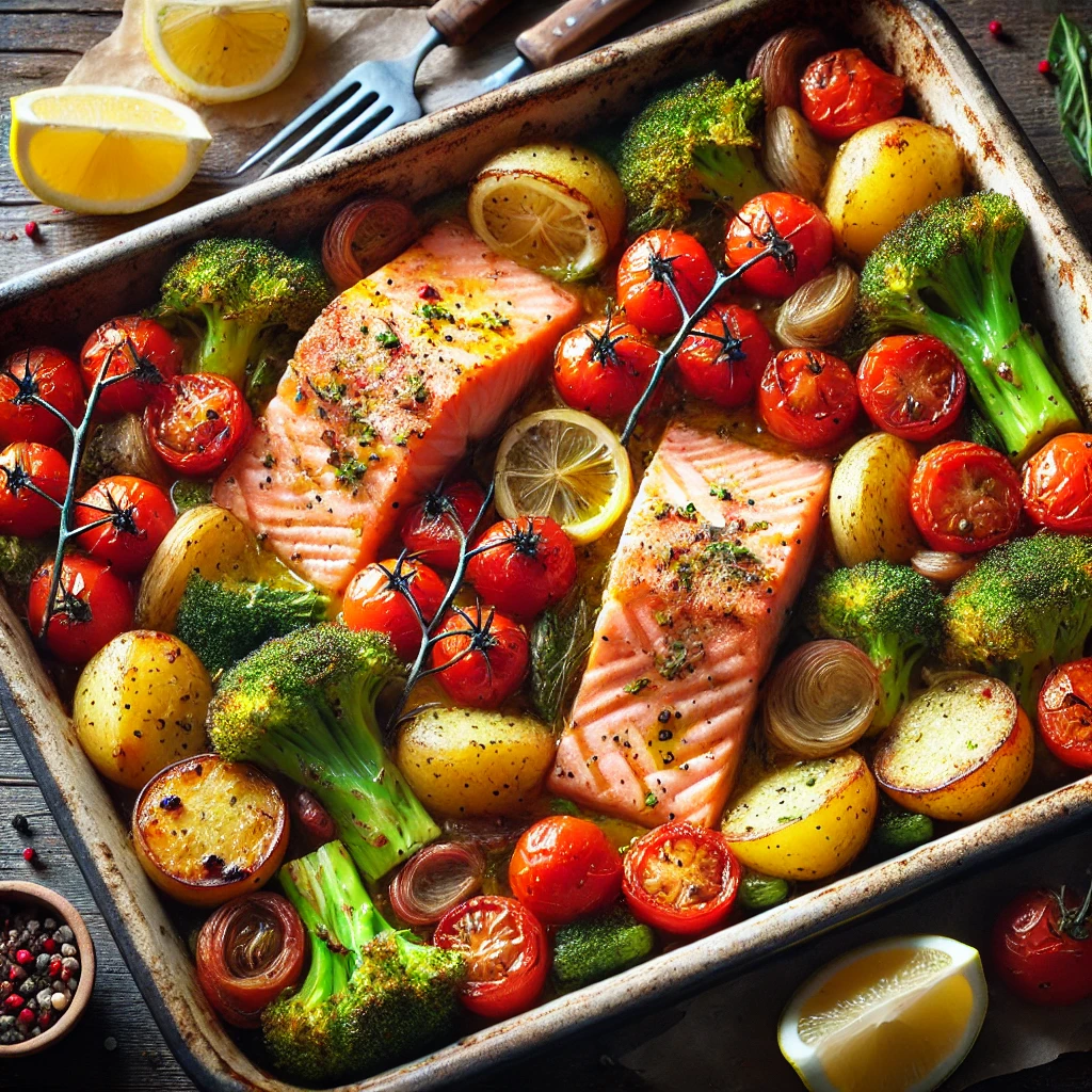 DALL·E 2025-01-25 20.38.58 - A tasty salmon and vegetable traybake with roasted cherry tomatoes, broccoli, and potatoes, drizzled with olive oil and lemon, served in a rustic baki